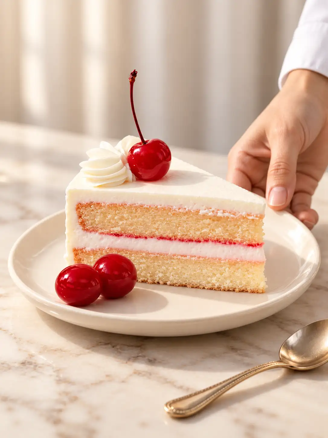 Chef hand placing a cherry vanilla layer cake slice on an ivory plate with red cherries, cream frosting, marble table, and gold spoon.