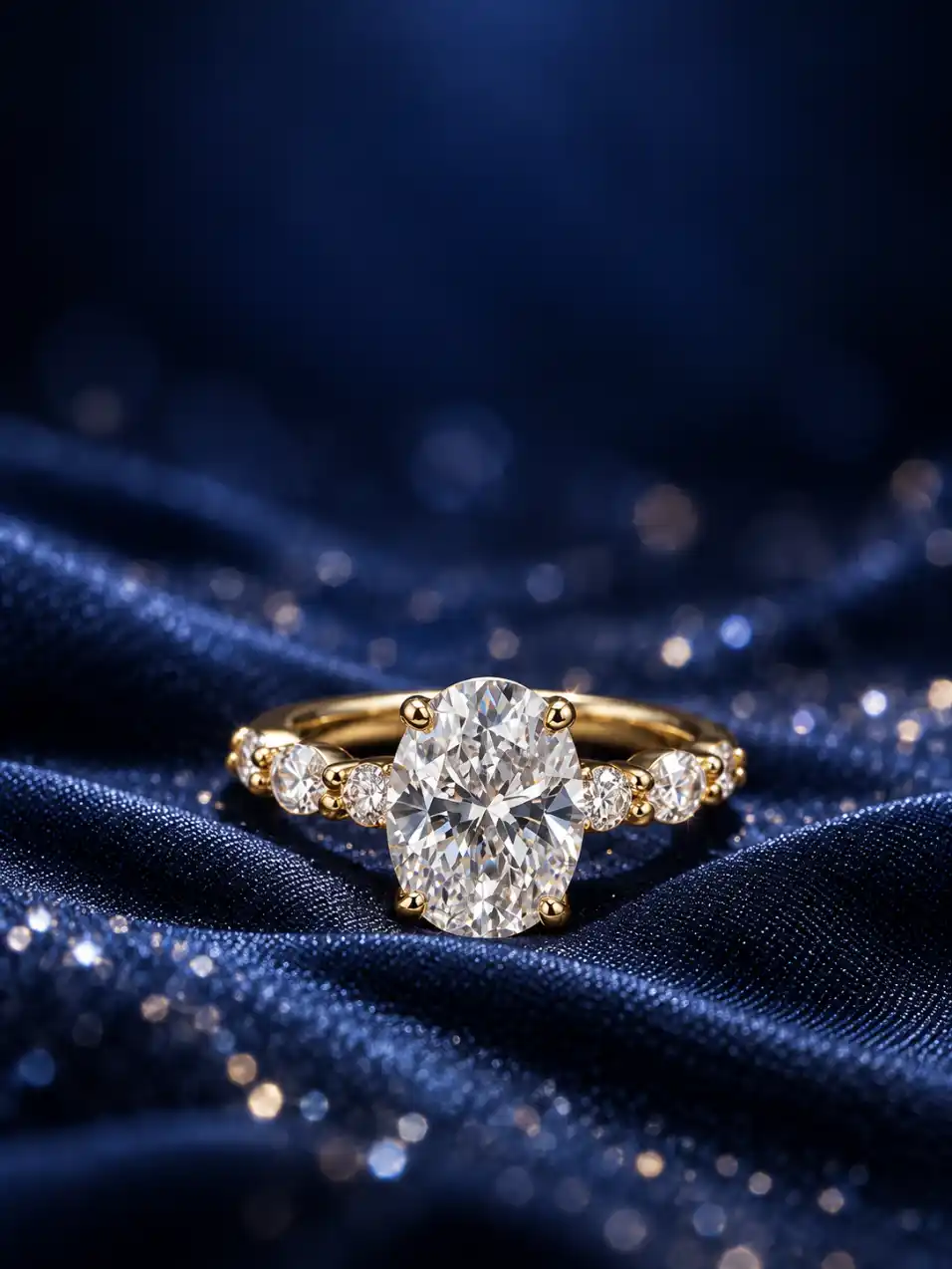 Rose gold diamond halo ring standing upright on a dark midnight blue luxury fabric background with subtle sparkling highlights.