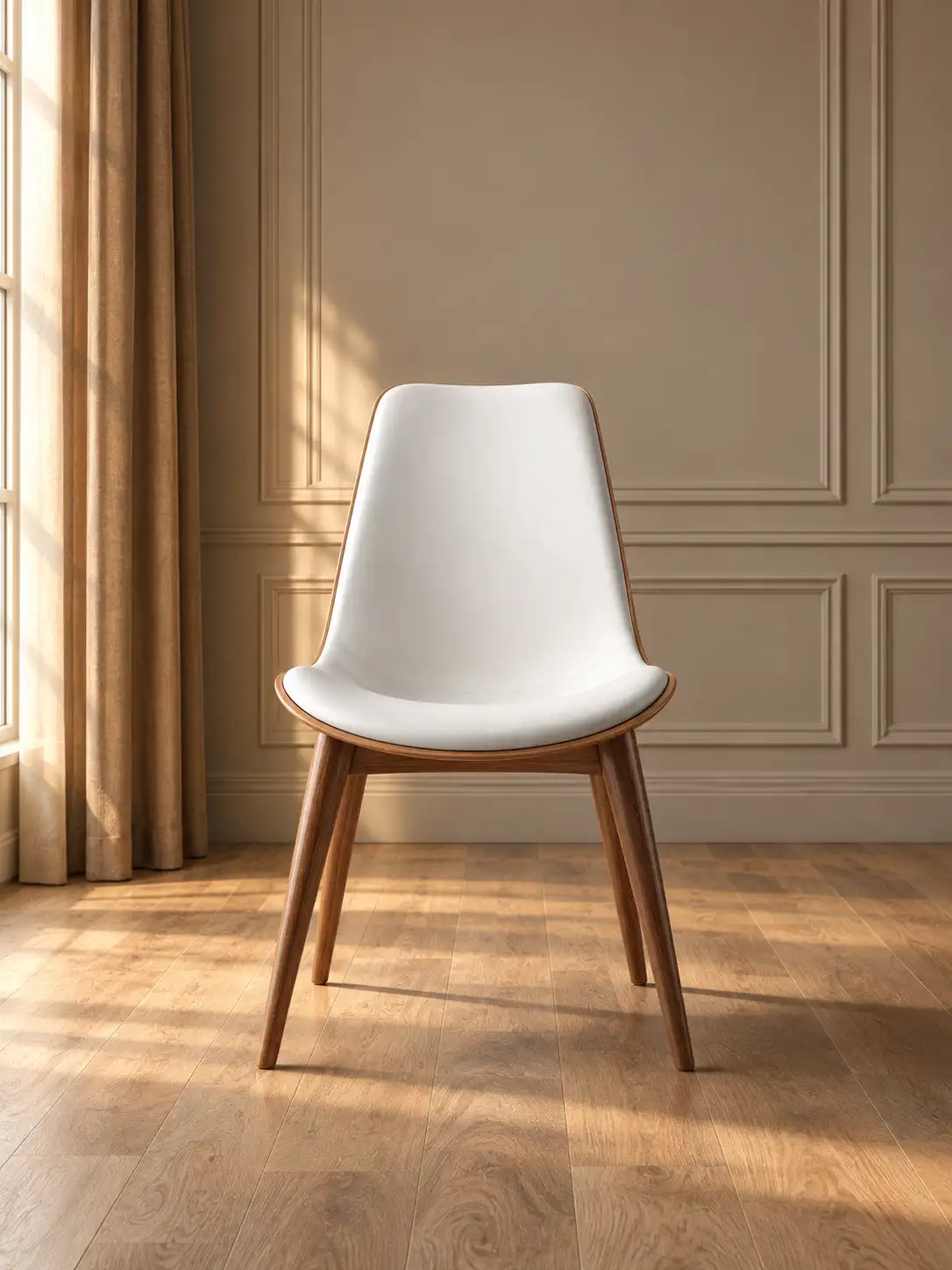 Front view of a modern chair centered in a warm luxury interior with paneled walls, wooden parquet flooring, curtains, and natural window light.