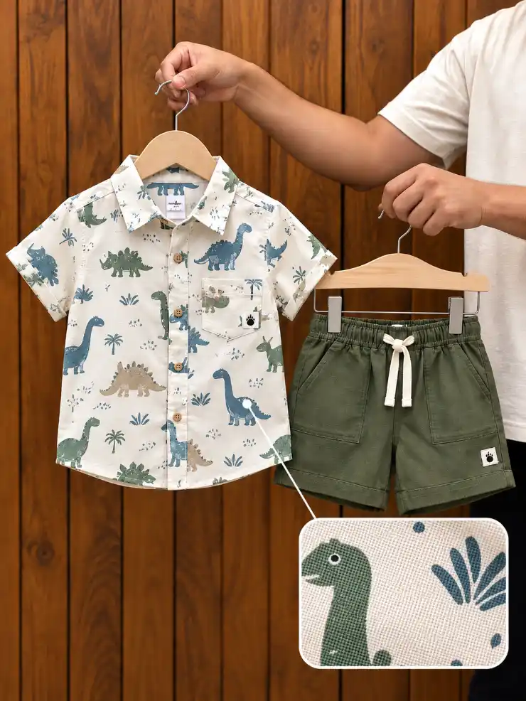 Clothing displayed on wooden hangers with a circular close-up showing the fabric texture against a warm wooden background.
