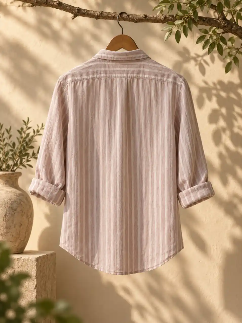 Back view of a men’s striped shirt hanging from a wooden hanger in a warm natural setting with leafy shadows and soft sunlight.