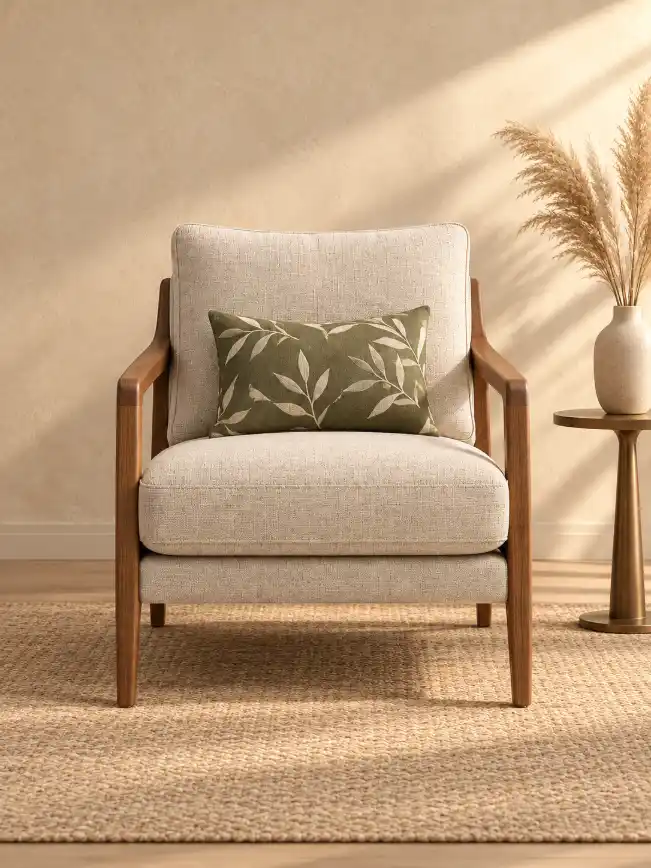 Front-view furniture product displayed in a warm minimal interior with pedestal side table, ceramic vase, pampas grass and soft natural lighting.