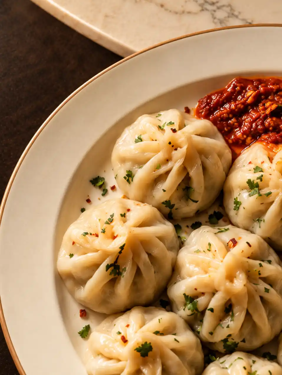 Close-up of steamed dumplings with chili sauce on a cream porcelain plate with warm marble and dark luxury background.
