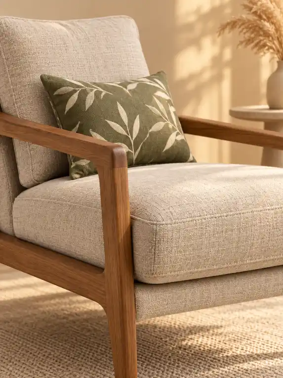Aesthetic close-up of furniture in a warm minimal interior with detailed upholstery, soft directional light, subtle side table and pampas styling.