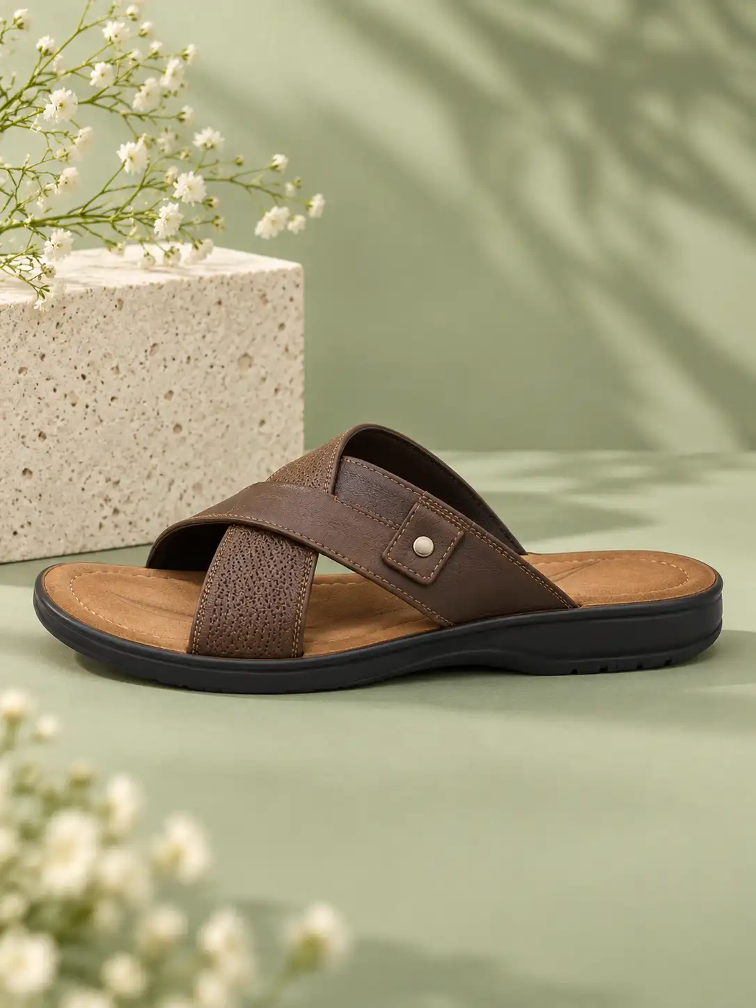 Side-view footwear displayed on a soft sage green studio background with a stone pedestal, delicate white flowers, and warm natural sunlight.