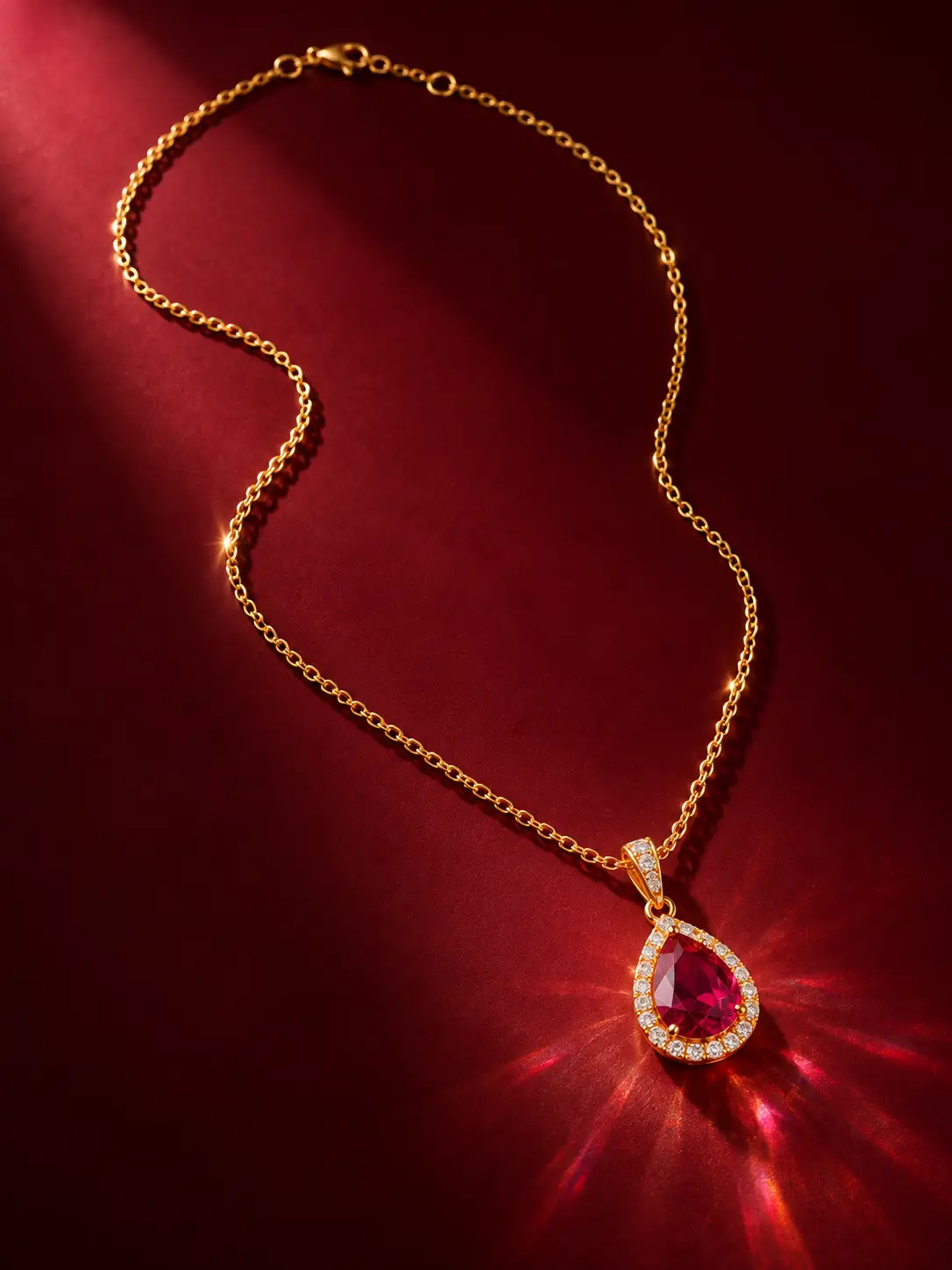 Luxury gold necklace with pear-shaped ruby pendant and diamond halo arranged on a deep burgundy surface with dramatic gemstone light reflections.