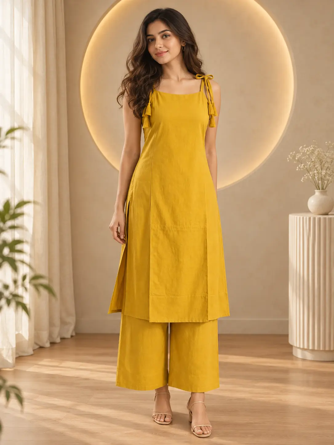 Female model wearing a mustard yellow sleeveless tassel-strap tunic with matching wide-leg pants in a warm boutique interior.