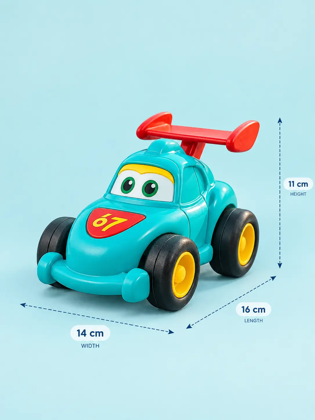 Toy product with size measurements on pastel blue background