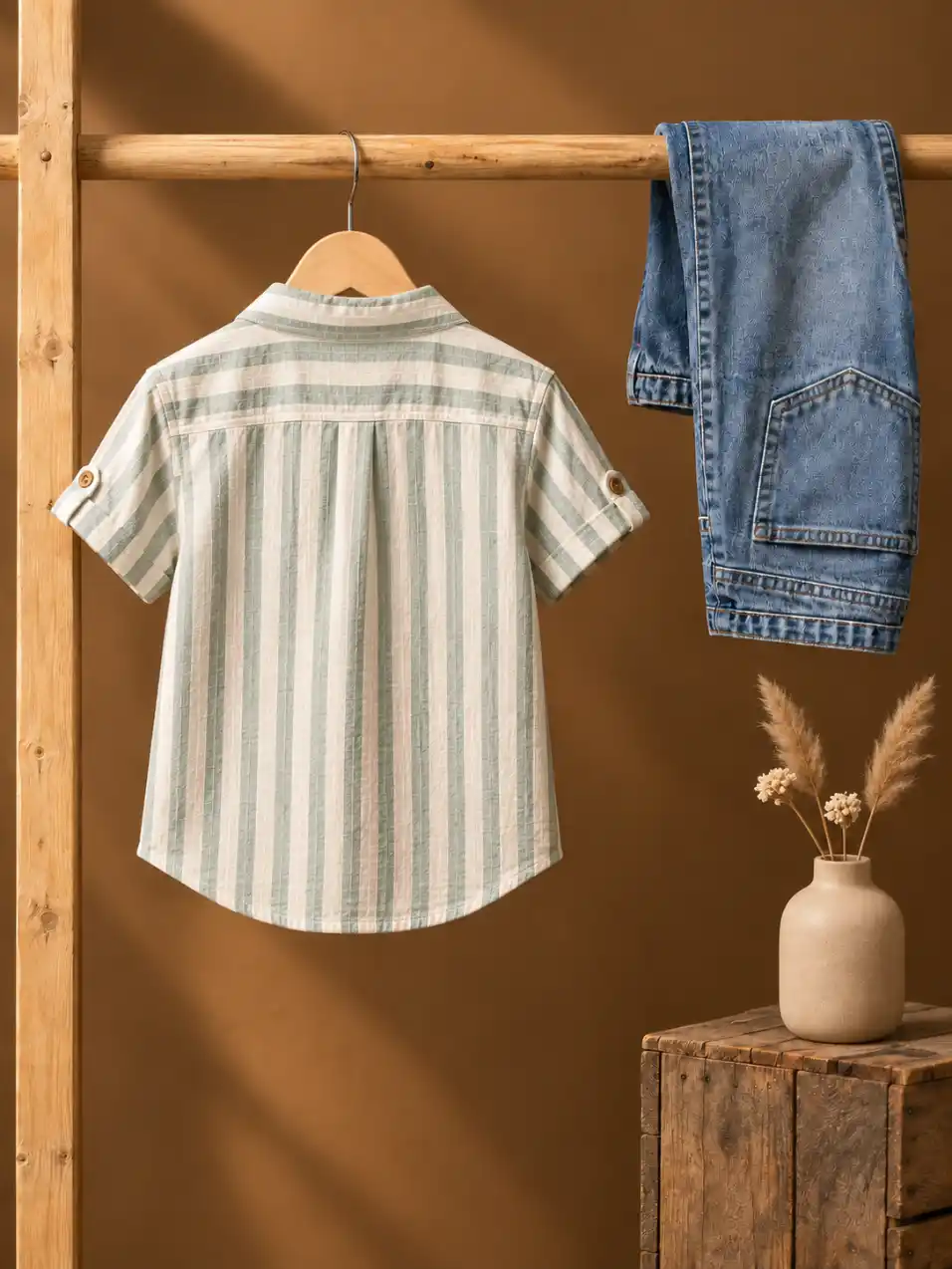 Back-view clothing display on a natural wooden rack with folded denim, wooden crate, casual cap, and warm soft studio lighting.