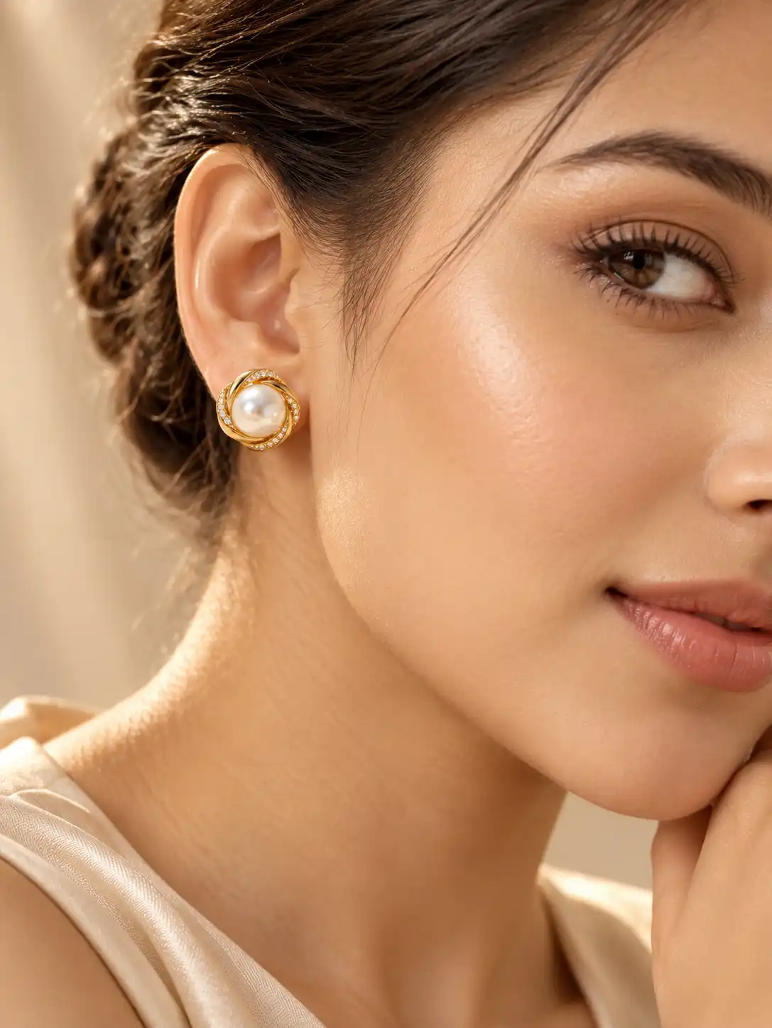 Close-up female model wearing luxury gold pearl earrings with crystal detailing in a premium studio jewelry campaign.