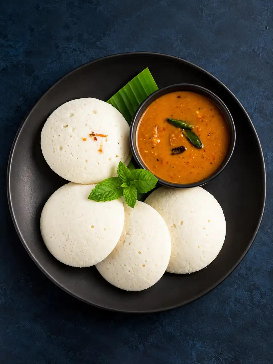 Overhead view of four soft idlis with sambar on a matte black plate over a deep textured navy-blue background.