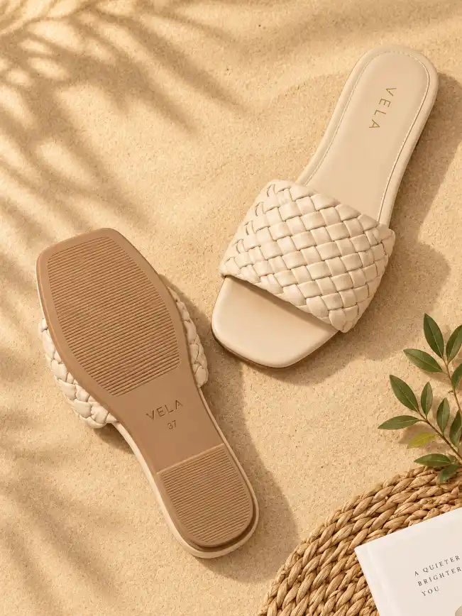 Top and bottom views of the same footwear displayed on warm beige sand with woven mat, white editorial paper and green botanical styling.