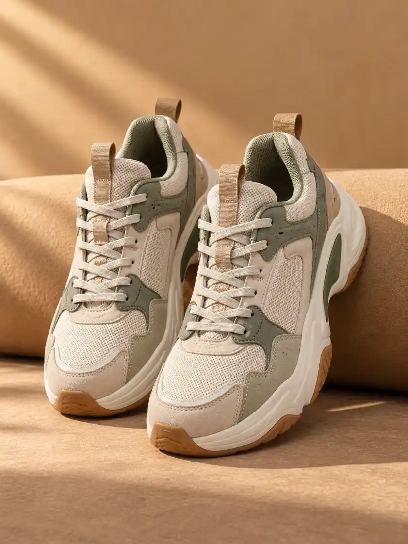 Pair of shoes displayed upright against a rounded warm caramel bench in a minimalist studio with directional sunlight and natural shadows.