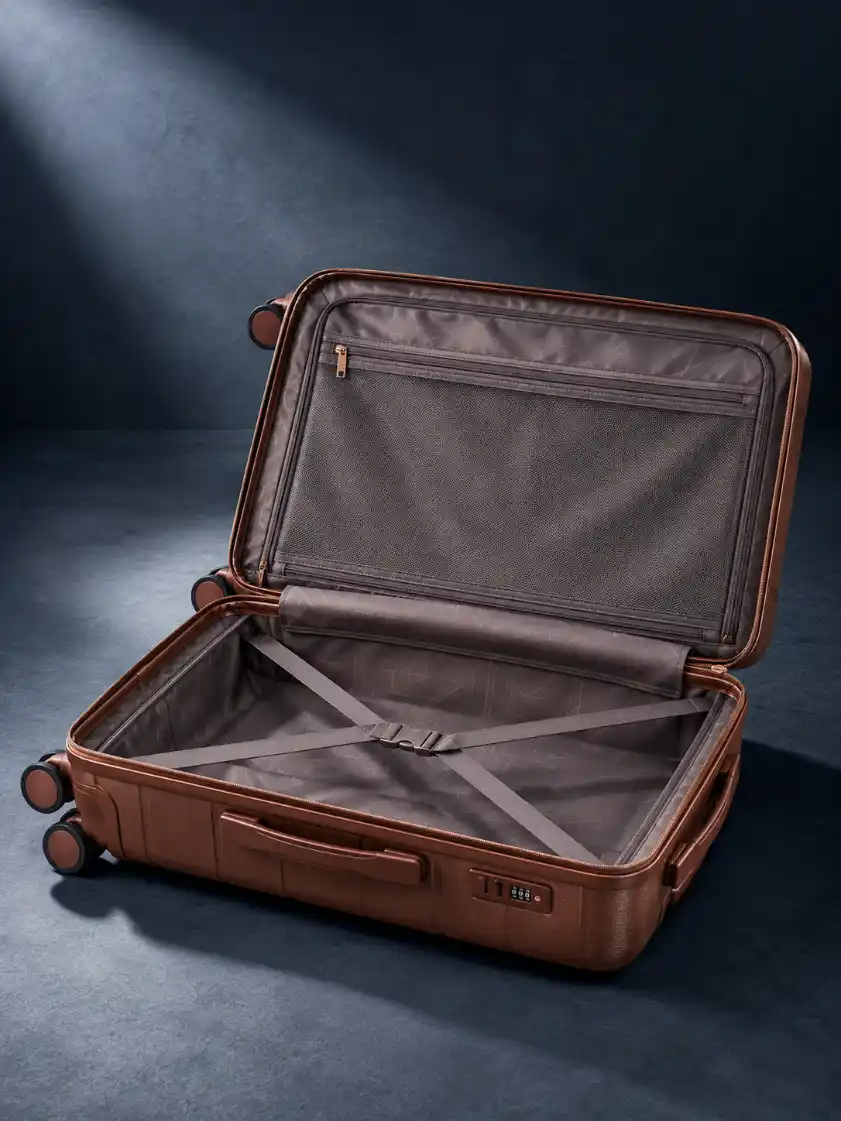 Open hard-shell suitcase showing interior lining, mesh zipper compartment, compression straps, storage space, and structured travel organization.