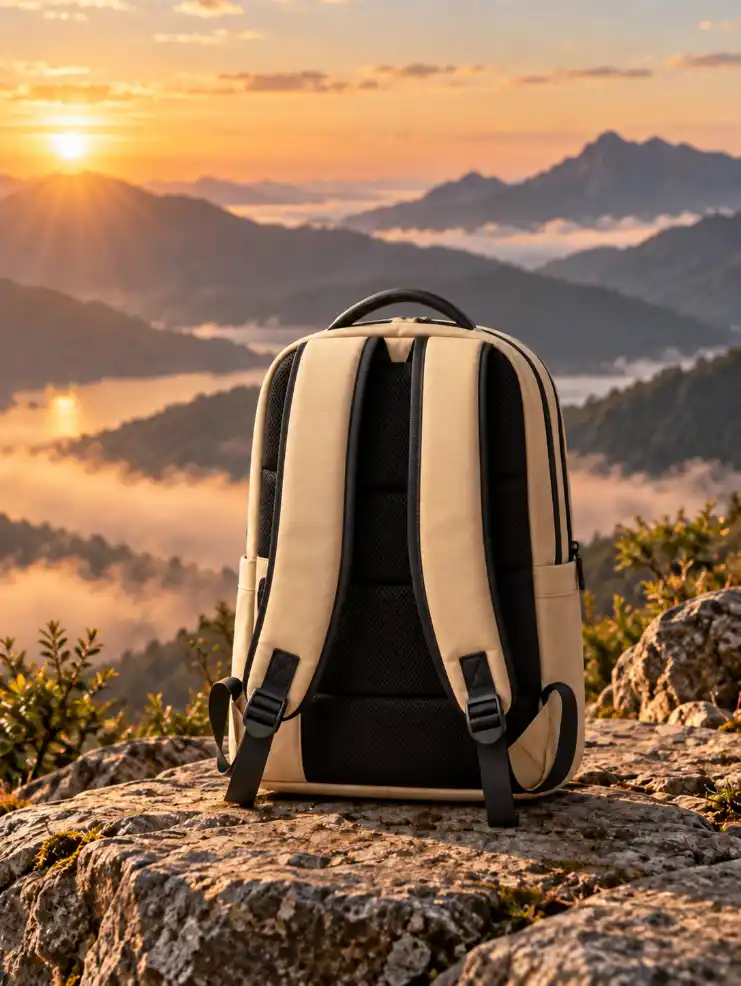 Back view of a backpack placed on rocky terrain overlooking misty mountain valleys during a warm golden sunrise.