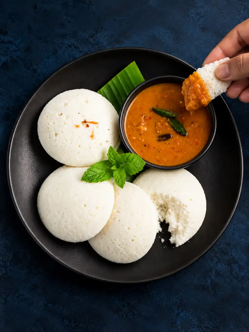 Overhead view of four soft idlis with sambar on a matte black plate, with a hand lifting a sambar-coated idli sample.