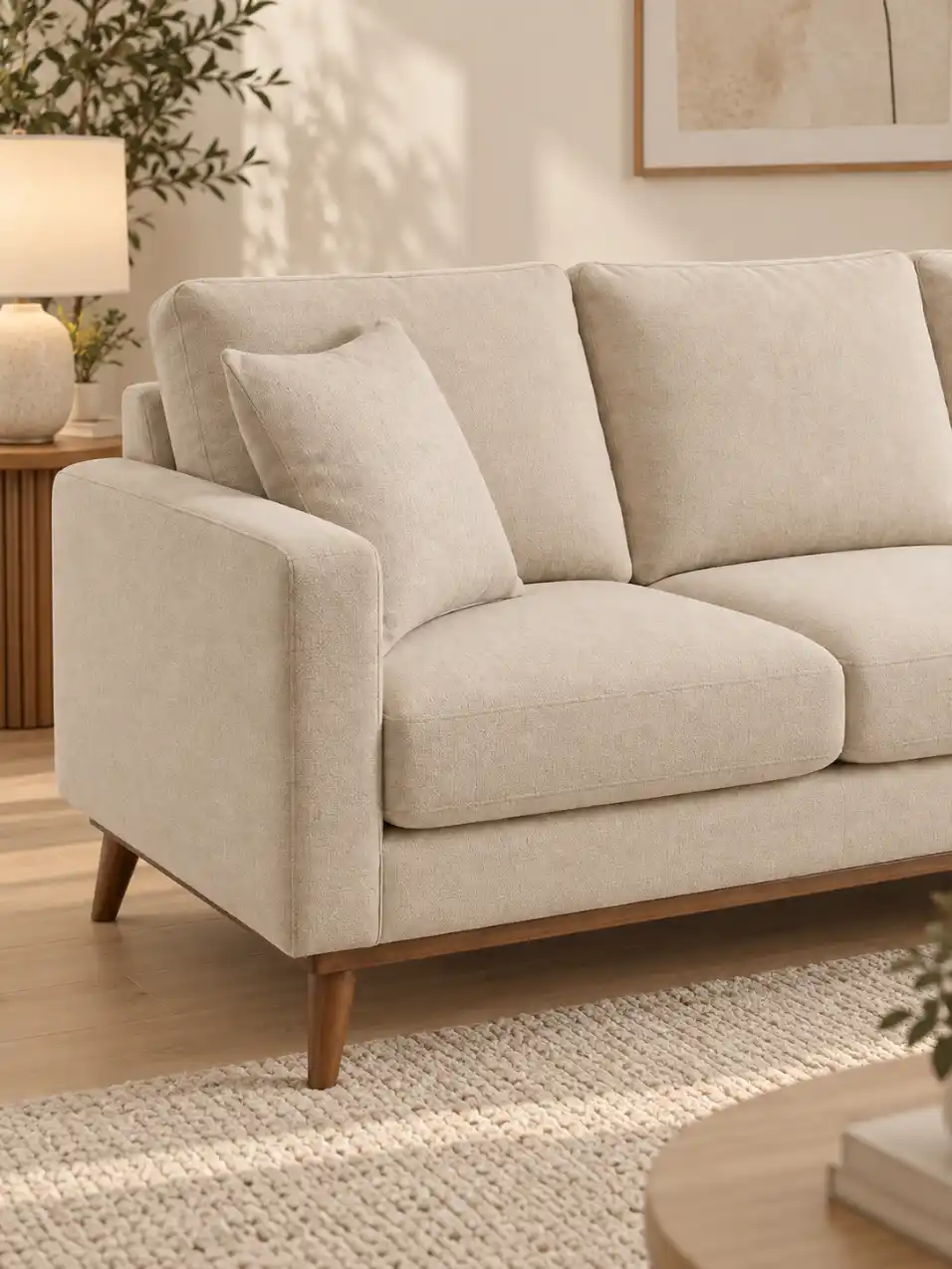 Premium AI sofa close-up photography with a fixed 35-degree front-left angle, warm beige interior, realistic upholstery texture, and editorial framing