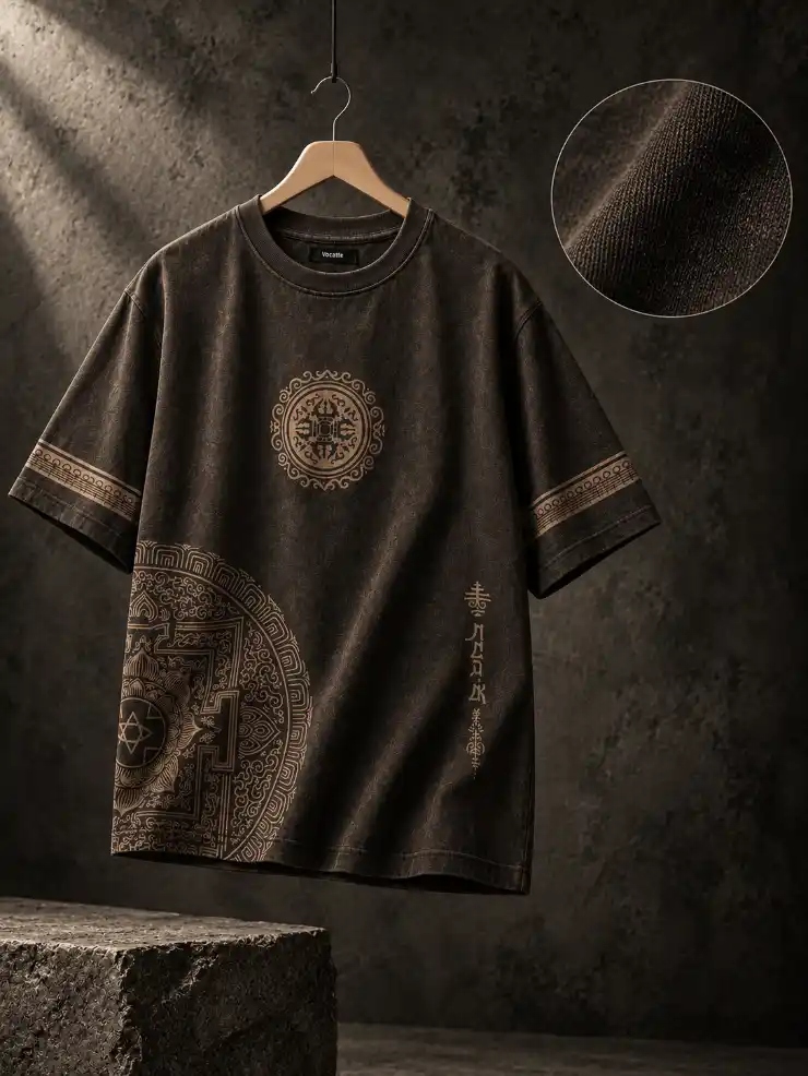 Close-up detail of a men’s graphic T-shirt showing the fabric weave, textured surface, printed finish, and realistic material structure.