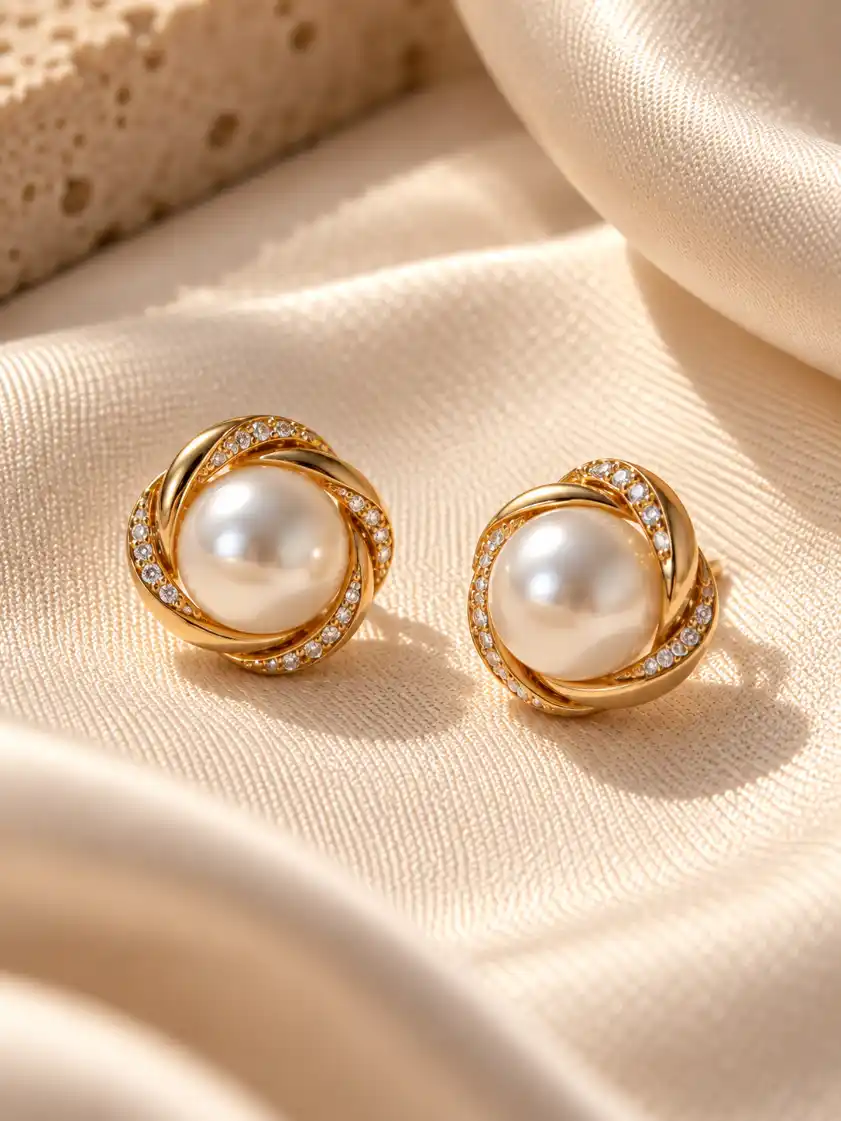Luxury gold earrings with large pearl centers and sparkling stone details displayed on warm ivory satin fabric.