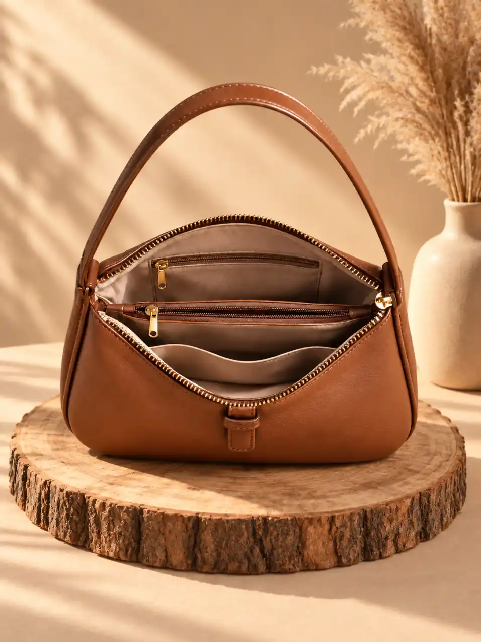 Open handbag displayed on a wooden pedestal showing interior compartments, zipper pockets, structured lining, and warm natural studio lighting.