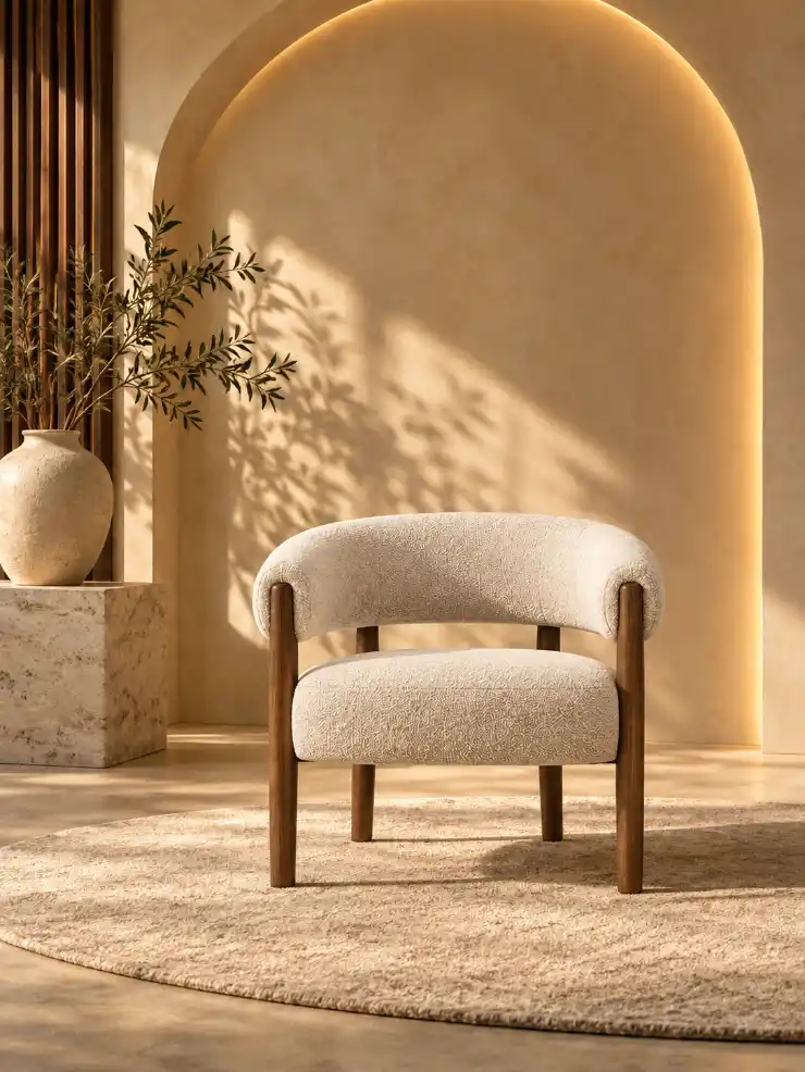 Front view of a chair in a warm luxury interior with a sculptural arch, neutral rug, stone pedestal, ceramic vase, and sunlight.