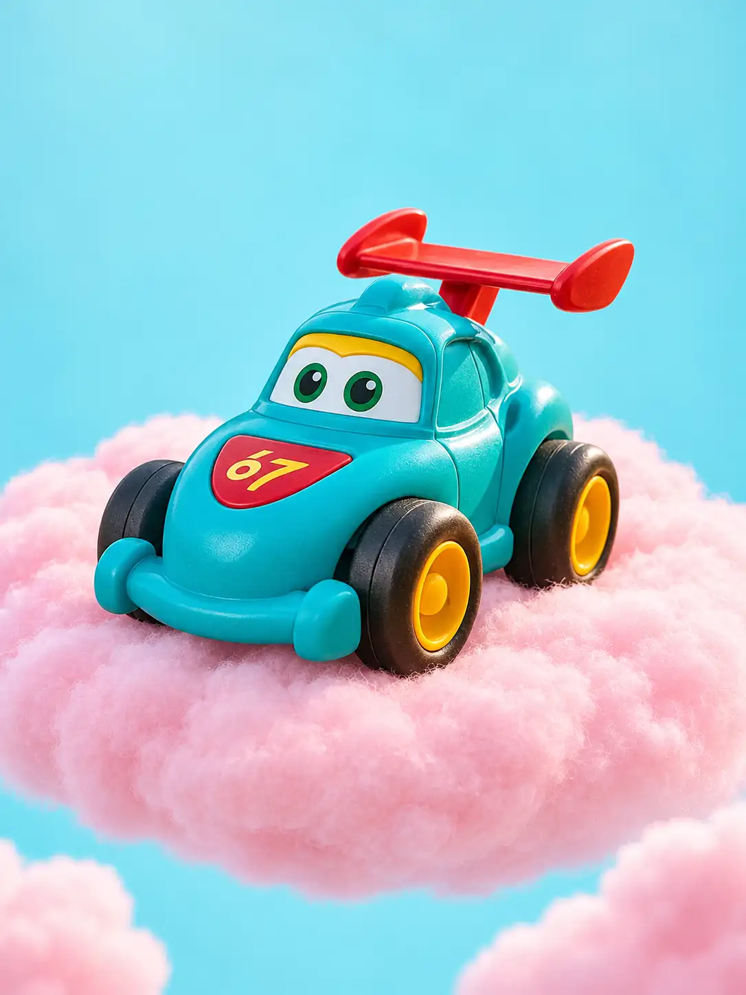 Toy product displayed on a soft pink cloud with pastel blue background