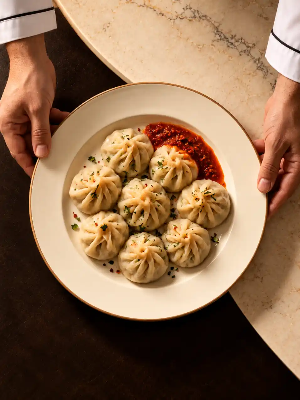 Chef hands placing a warm ivory plate of steamed dumplings with spicy red chili sauce on a luxury marble and dark espresso background.