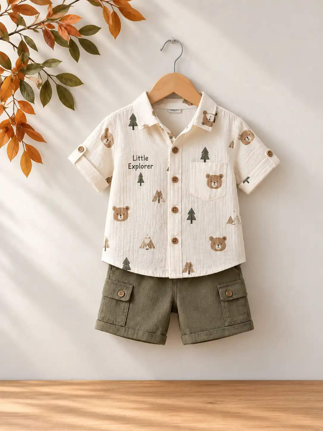 Kids clothing displayed on a wooden hanger against a minimal wall with decorative foliage and a clean wooden surface.