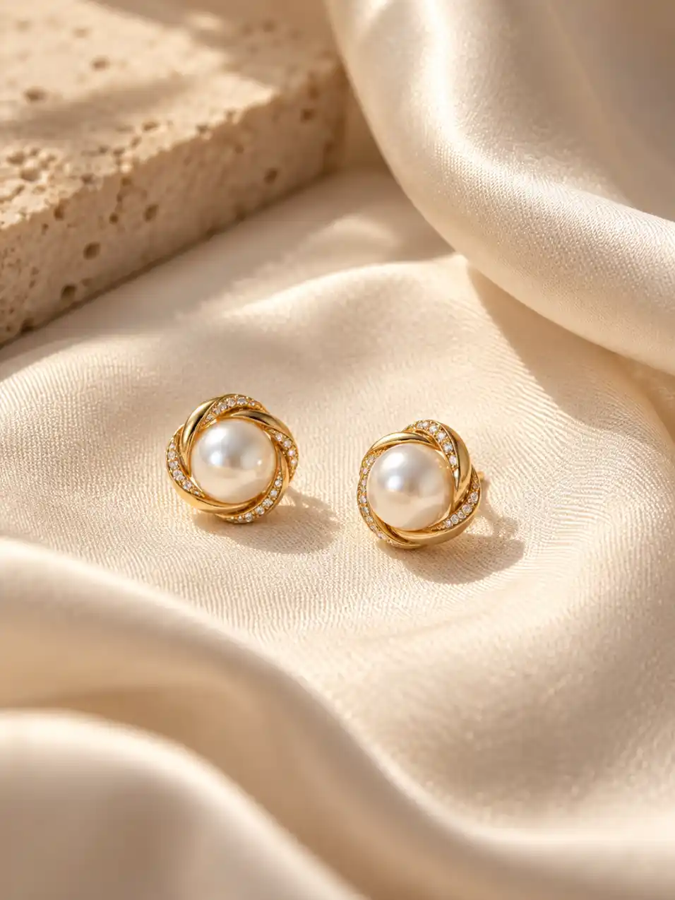 Luxury pearl stud earrings with gold settings resting on warm ivory satin fabric in soft golden sunlight.