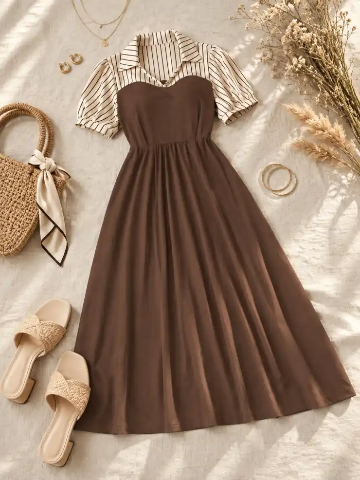 Brown midi dress with cream striped collar styled on ivory linen with straw bag, gold jewelry, sandals, and dried flowers.