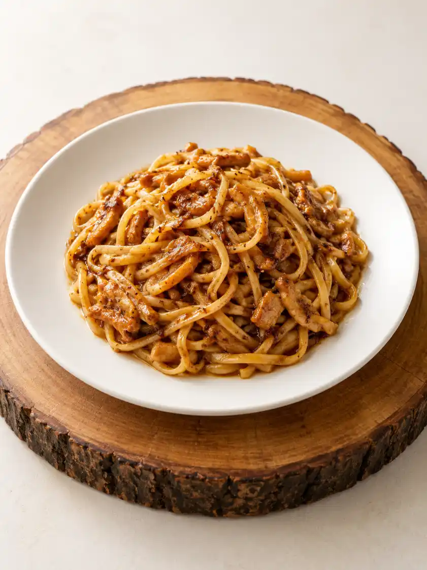 Stir-fried noodles served on a white ceramic plate over a rustic wooden board.