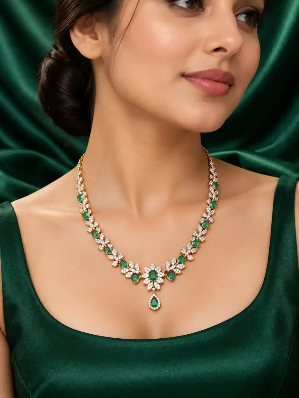Luxury necklace worn by model in emerald green