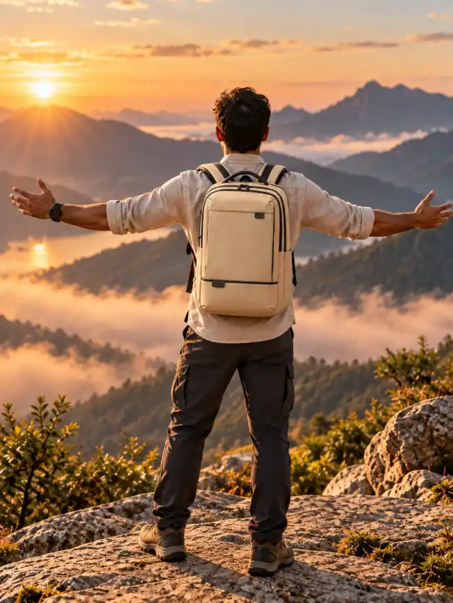 Male traveler wearing a backpack with arms extended on a rocky mountain viewpoint during golden sunrise over misty valleys.
