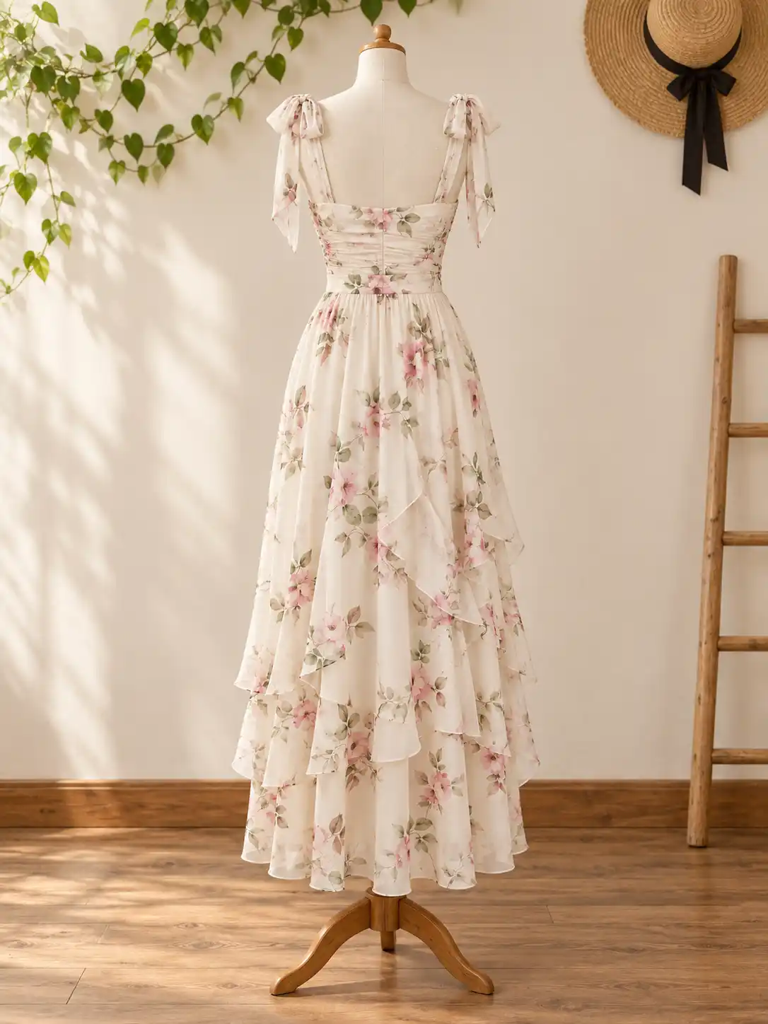 Back view of an ivory floral maxi dress with pink flowers, tie straps and layered ruffles displayed on a cream mannequin in a warm boutique interior.