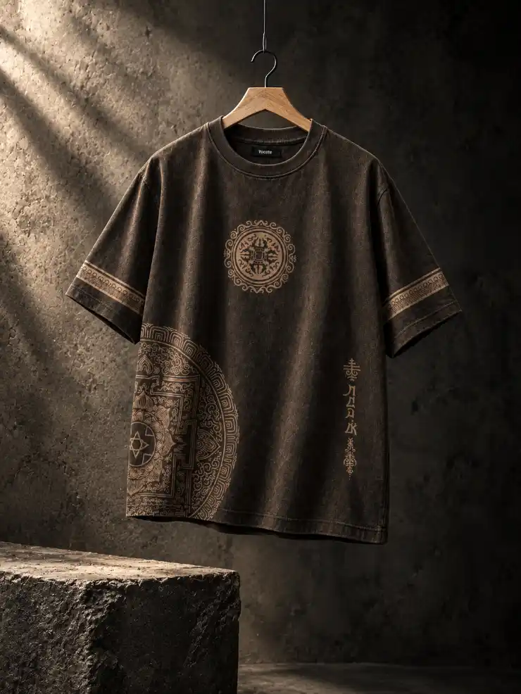 Front view of a men’s graphic T-shirt hanging on a wooden hanger with detailed printed artwork in a dark dramatic studio setting.