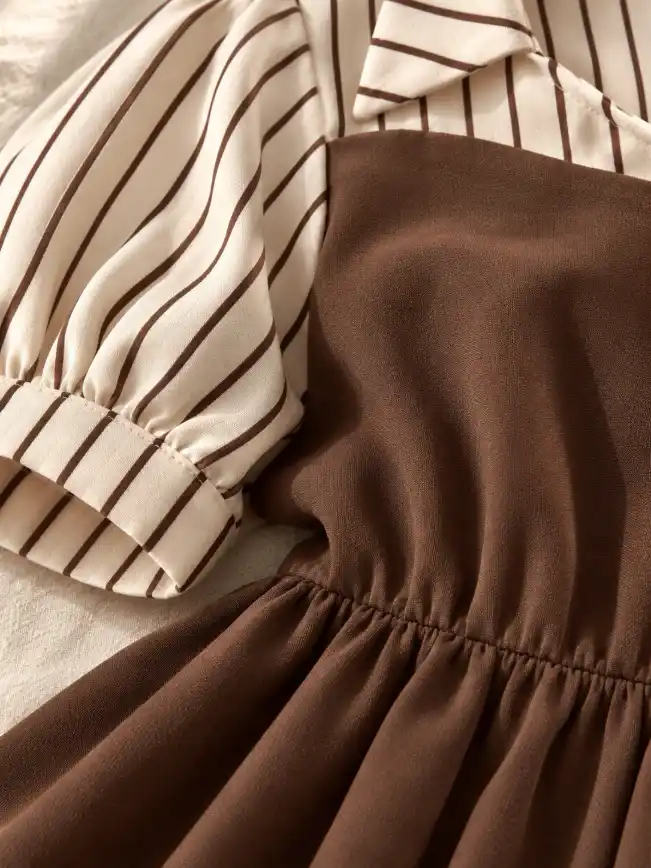 Explore a detailed macro view of brown dress fabric with striped accents, natural folds, visible stitching, texture, and premium fashion detailing.