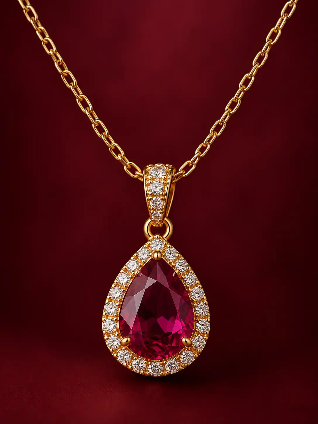 Close-up of a gold necklace with ruby teardrop pendant and sparkling stone halo on a deep burgundy luxury background.