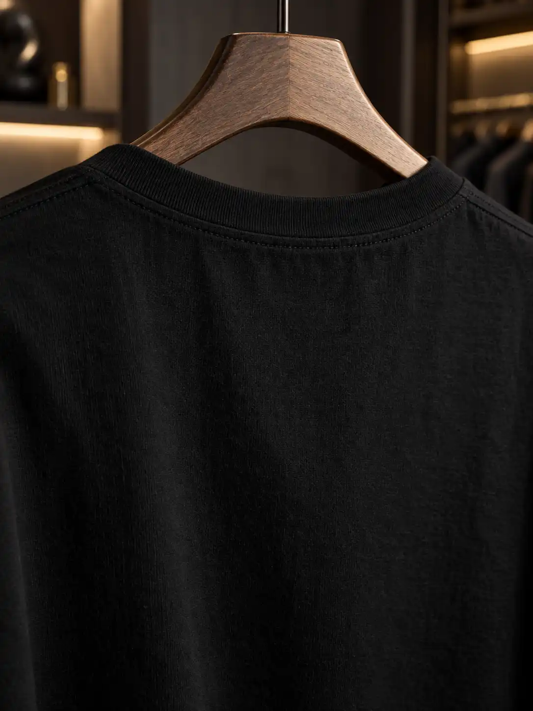 Close-up faClose-up fabric and neckline detail displayed on a wooden hanger with warm wardrobe lighting and softly blurred luxury interior.bric and neckline detail displayed on a wooden hanger with warm wardrobe lighting and softly blurred luxury interior.