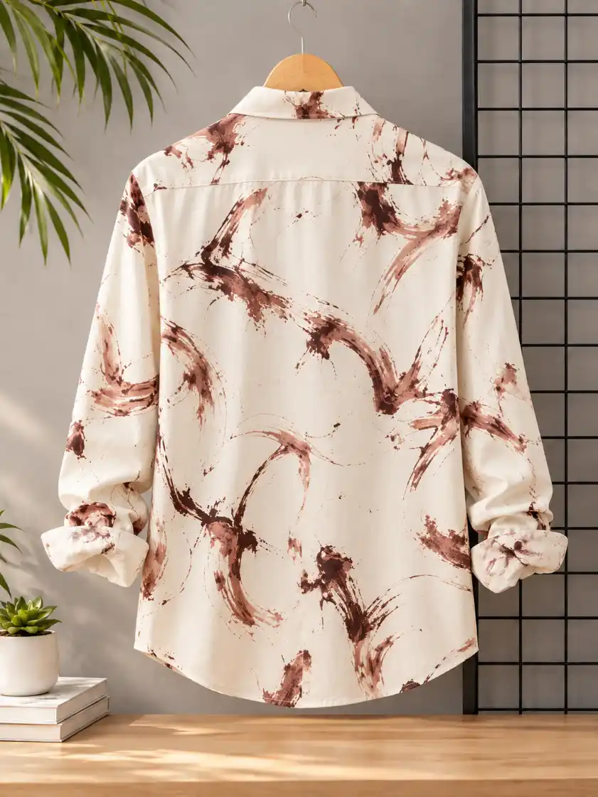 Back view of a shirt hanging on a wooden hanger against a modern grey retail background.