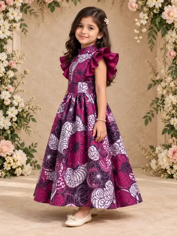 Child model wearing a clothing product in a floral boutique setting with a warm textured backdrop and soft natural lighting.