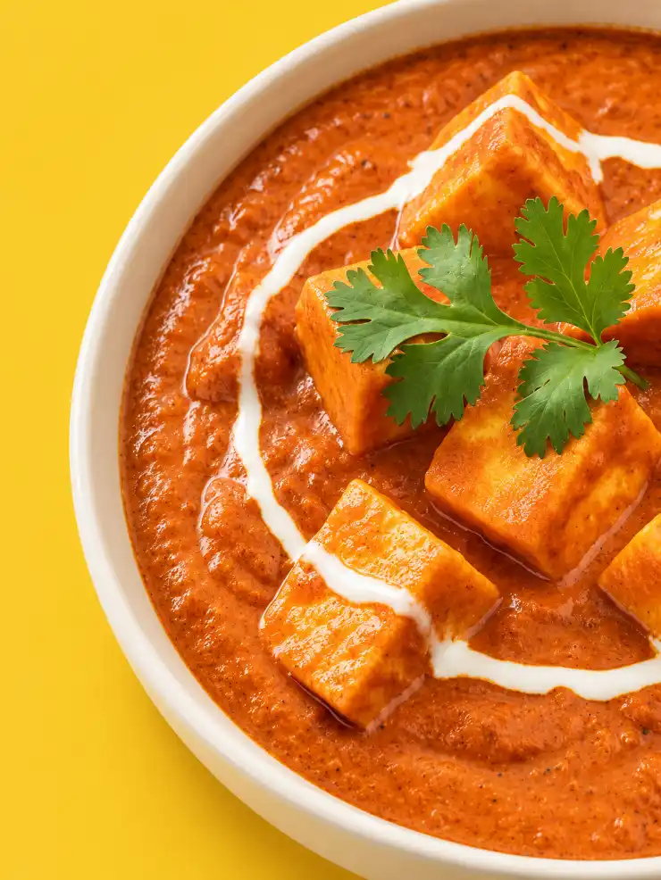 Extreme close-up of paneer curry with creamy gravy and cilantro on a bright yellow background.