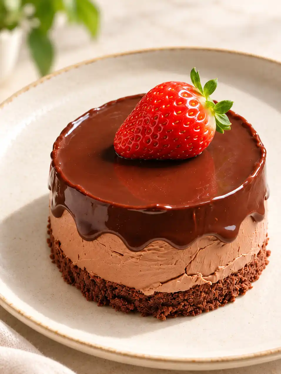 Close-up of chocolate mousse cake with glossy ganache, crumb base, and fresh strawberry on a cream ceramic plate.