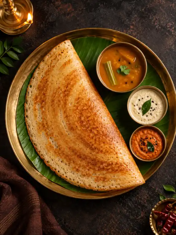 Crispy masala dosa served with coconut chutney, red chutney and sambar on a brass thali.